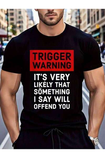 26LIK تي شيرت رجالي مضحك بمقاسات كبيرة مع طباعة تحذير "Trigger Warning" |   ت...