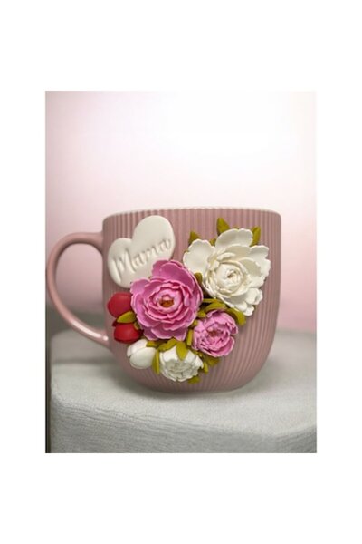 OEM Cană cadou MAMA, design floral cu bujori roz, lucrată manual