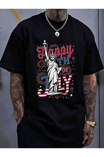 LİNA06 تي شيرت رجالي من القطن بنسبة 100% بتصميم Happy 4th Of July Street Hip-...