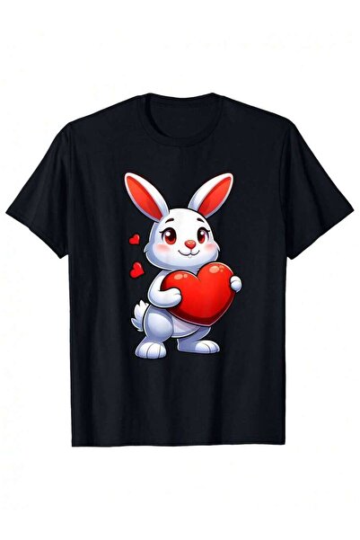135 Men'S With Round Neck Short Sleeves, Featuring A Cute Rabbit And Heart De...