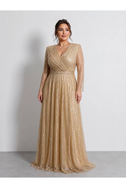 NOVERA DRESS Novera Gold Payet İşlemeli Büyük Beden Uzun Abiye Elbise