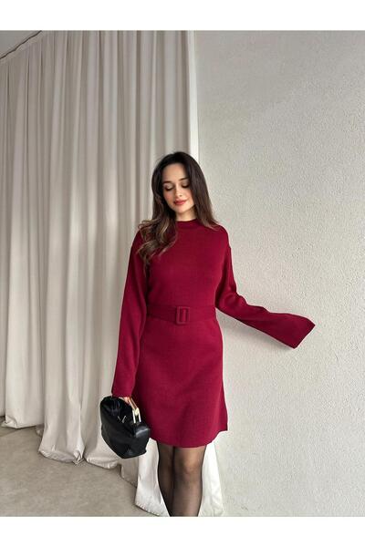 Mooi Butik فستان تريكو قصير من MİU 8615 - أحمر داكن