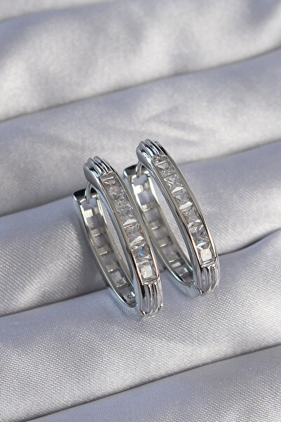 deluxe takı ve giyim Brass Silver Color Zircon Stone Oval Model Earrings