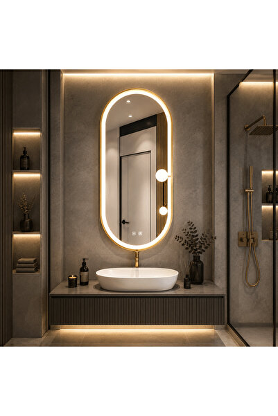 shark design LED овално огледало 50×100 см със златиста рамка с ефект на шлай...