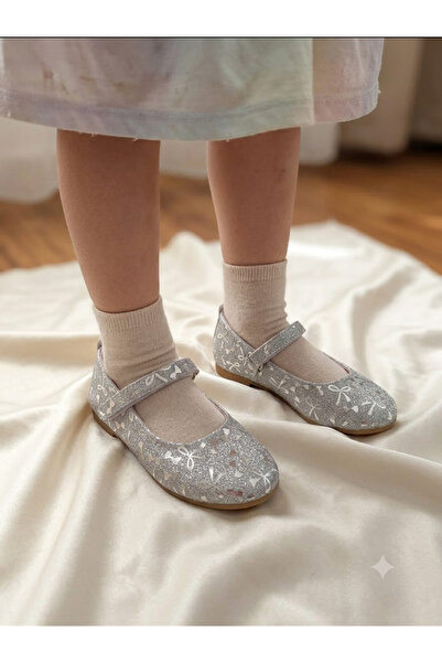 Generic Brand Silver Bow Patterned Girls' Ballet Shoes