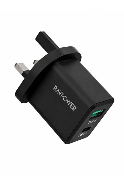 RavPower شاحن جداري راف باور بقوة 20 واط بمنفذ تايب سي ومنفذ يو اس بي - اسود