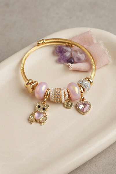 ARMÜZ Pink Color Teddy Bear Model Gold Charm Bracelet
