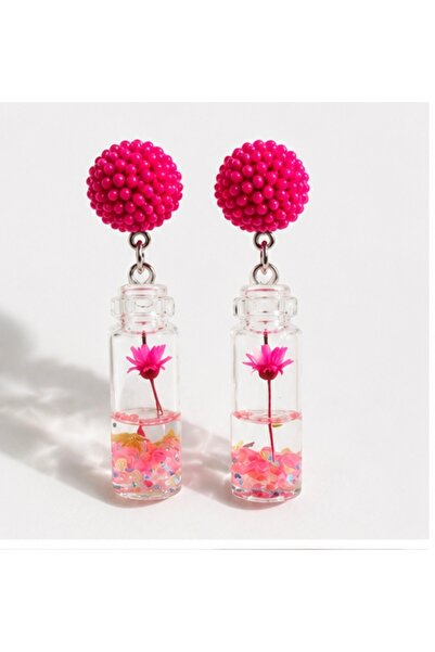 MK Creations Handmade Pink Floral Glass Bottle Resin Earrings
