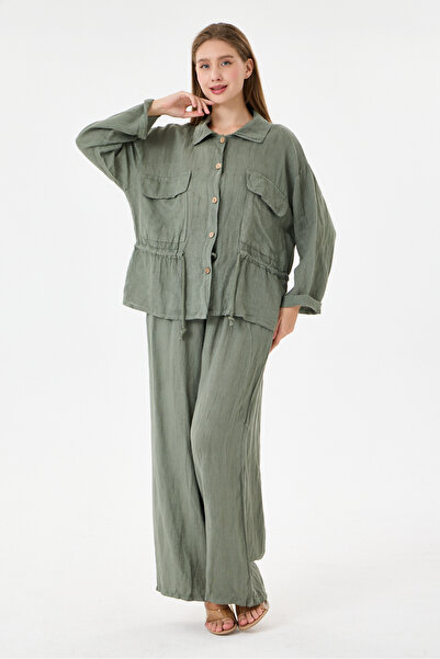 della moor Women's Khaki Italian 100% Linen Tie-Waist Shirt and Trouser Linen...