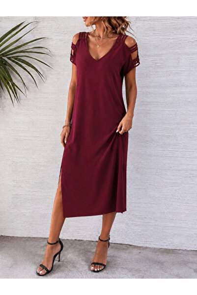 Generic Brand فستان نسائي من الفيسكوز بأكمام قصيرة وتفاصيل مخططة وفتحة جانبية