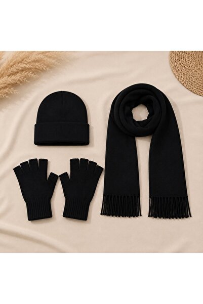 KAR-KIŞ ACCESSORIES UNISEX Siyah Triko ,Atkı -Bere -Parmaksız Eldiven (Eldive...