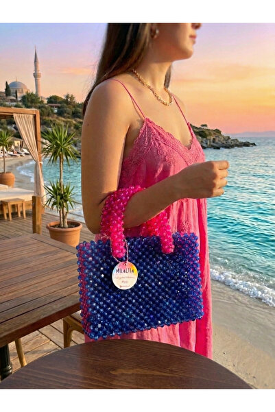 El Yapımı Lacivert Pembe Boncuk Çanta
