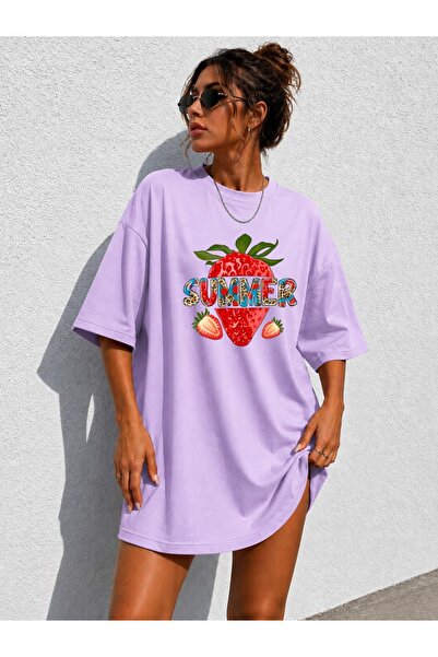 classy moda تي شيرت نسائي طويل جدًا مطبوع عليه الفراولة