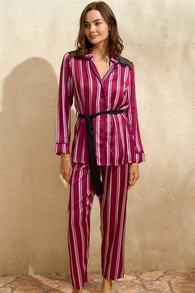 SS HOME CONCEPT Satin Striped Buttoned Long Sleeve Lace Shirt and Pants Pajam...