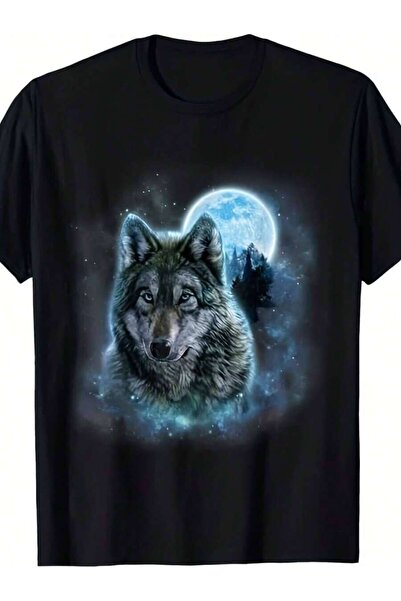 9JY Retro Wilderness Fantasy T-Shirt | Grey Wolf Hunting Ground/Icy Moon/Fore...