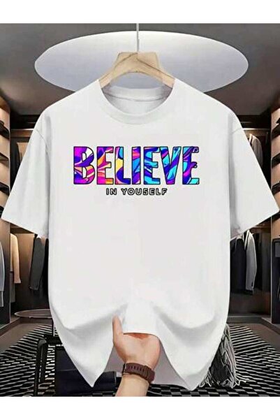 25W تي شيرت أبيض بطبعة "Believe In Yourself" تحفيزية بتأثير قوس قزح متغير الل...