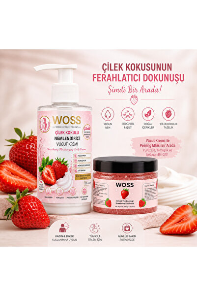 Woss ÇİLEK KOKULU VÜCUT BAKIM SETİ 300 GR + 100 ML
