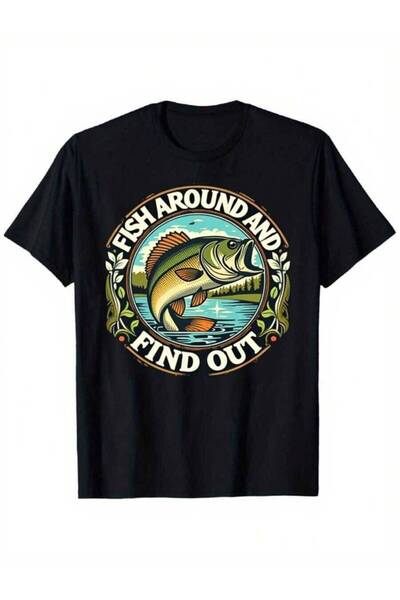 799 تي شيرت رجالي مضحك - تي شيرت برسومات سمكة تقفز عليها بطبعة "Fish Around &...