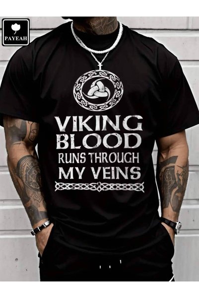 9TAY PAYEAH Blood Runs Through Me Viking Valhalla Odin Symbol T-Shirt (Single Piece)100% 220g Heavy Cotton T Shirt
