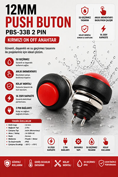 RoboPazar 12mm PBS-33B 2 Pin Push Buton Kırmızı ON OFF 1A 250V Mini Yuvarlak ...