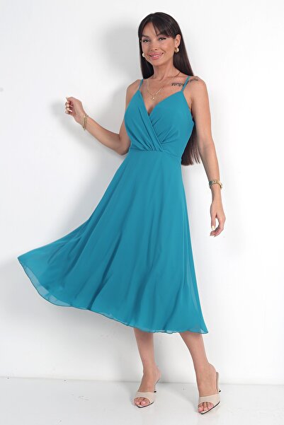 By Saygı Women's Rope Strap Double Breasted Collar Lined Chiffon Flared Midi ...