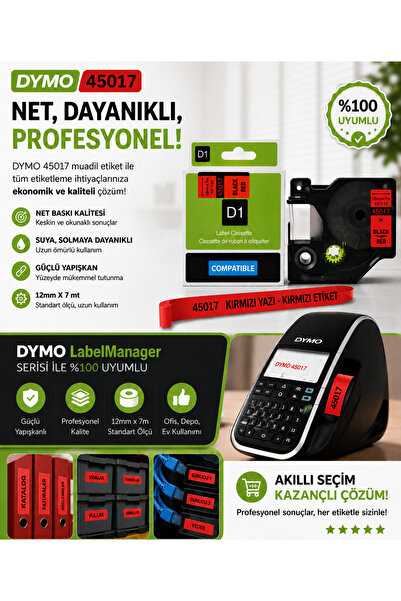 PUUN DYMO D1 45017 S0720570 Muadil Etiket Kaseti 12mm x 7Mt Kırmızı Etikete S...