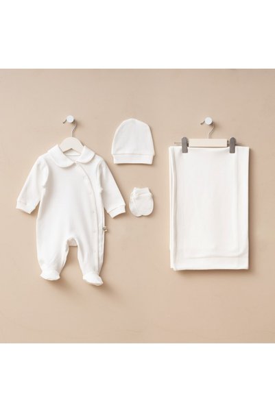Minimus Premium Newborn Hospital Release Set of 4, 100% Cotton Ecru Baby Girl & Boy Romper Set