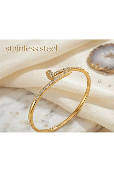stainless steell VİP gold renk 18K altın kaplama zirkon taş detaylı finisli k...