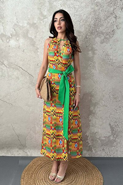 Moda Days فستان نسائي ميدي أصفر بتصميم عرقي مزين بحزام وياقة على شكل ثقب المف...