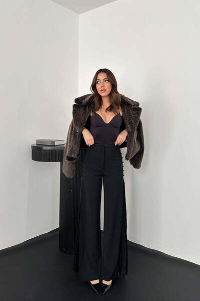 Moda Days Women's Black High Waist Wide Leg Trousers with Pleated Chiffon Pan...