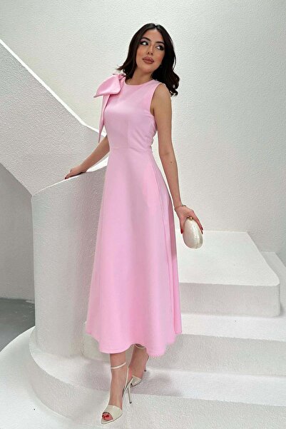 Clothes Fast فستان نسائي وردي بدون أكمام برقبة دائرية وجيوب على الكتف وحزام ع...