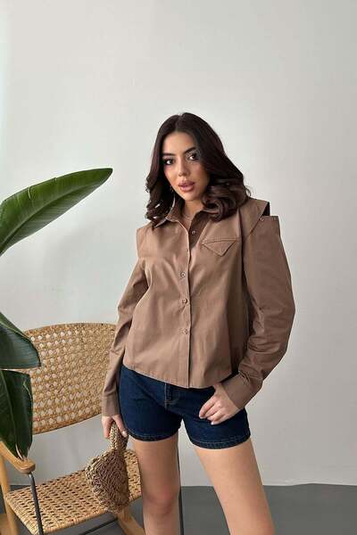 Moda Days Women's Camel Poplin Shirt with Peto Detail, Pocketed Shirt Collar,...