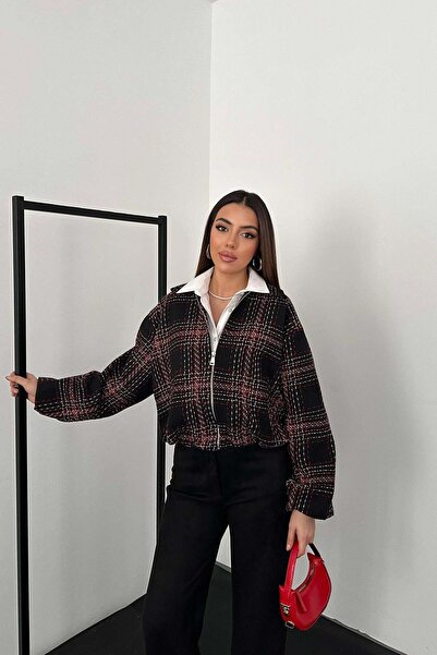 Moda Days سترة نسائية سوداء منقوشة بسحّاب وياقة قميص وأكمام طويلة منخفضة الكتف
