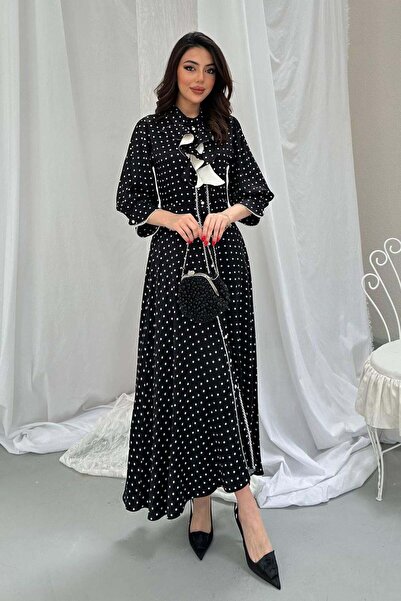 Clothes Fast فستان نسائي أسود متوسط الطول بياقة بيبي وتفاصيل كشكشة منقطة وأكم...