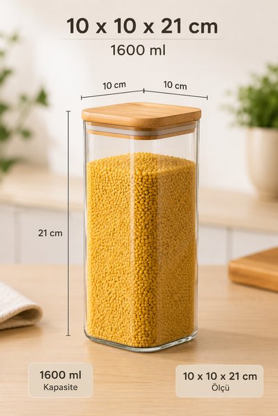 Karçiçeği Home 6’lı 1600 ML Kare Borosilikat Cam Saklama Kavanozu – Vakumlu Bambu Kapaklı – 10 × 21 cm - 8458-1