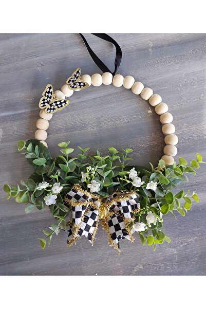 lolipophobi Wooden Beaded Black and White Checkered Ribbon Butterfly Detailed...