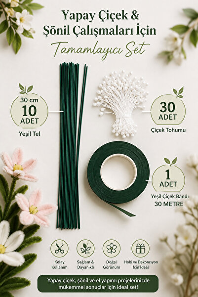ASL ArtPaper Şönil Çiçek Yapım Seti Tamamlayıcı Malzeme Seti | 10 Yeşil Tel, ...