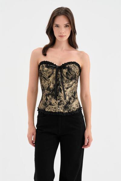 tw3 Women's Underwire Gold Jacquard Fabric Detailed Strapless Design Corset