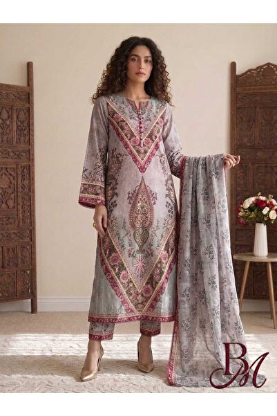 Bazm-A Fashion Atelier Breeze Grey Kaftan-Trouser-Stole 3 pcs Set