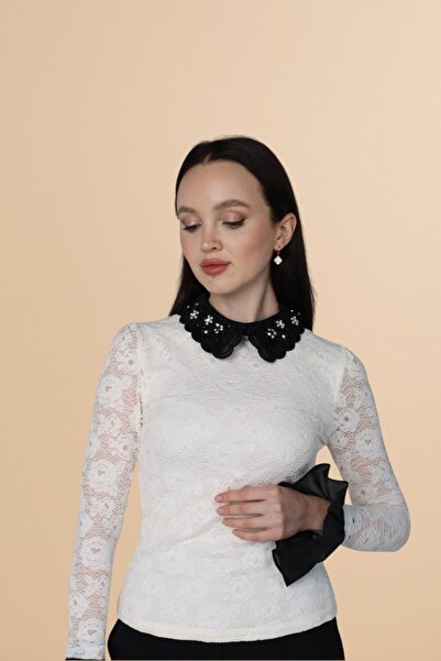 2TRENDY Women's Lace Collar Detailed Blouse White