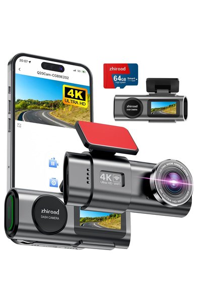ZHIROAD 4K WiFi ön araç içi kamera, uygulama kontrolü, 64 G SD kart ve çıkarılabilir tutuculu, 1,47 inç IPS
