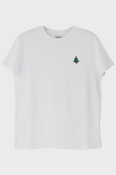 lofux White T-Shirt with Christmas Tree Pattern