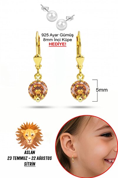 klas gümüş 925 Ayar Gümüş Çocuk Küpesi | 5 mm Sitrin Taşlı Sallantılı Küpe | ...