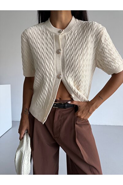 Gülçin Coşkun Short Sleeve Knitted Gold Button Detailed Women's Knitwear Card...