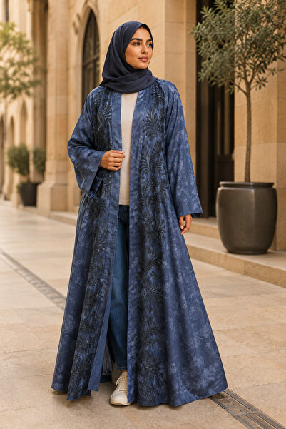 KAVALEE Women’s Slate Blue Floral Embroidered Open Abaya with Black Bead Deta...