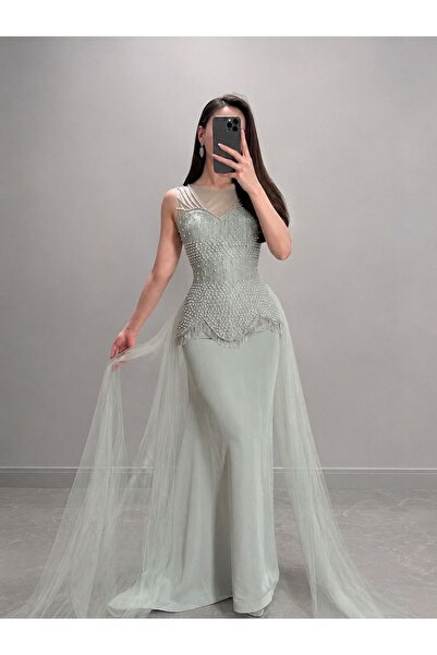 ranin Silver Chest Evening Dress Computer Embroidery Pearl Zircon Cloche Barb...