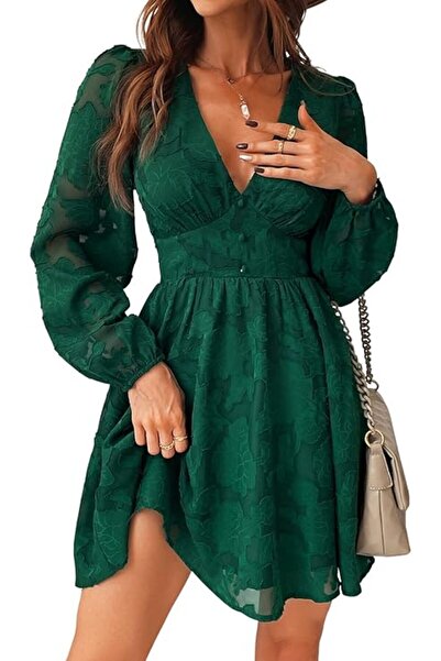 Dotail Women's Mini Dress, A-line cut, deep V-neck, long bell sleeves, floral...