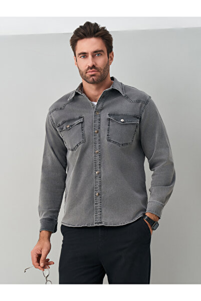 muzzo jeans Light Gray Lycra Cotton Denim Shirt
