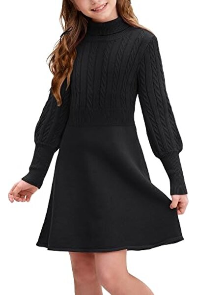Dotail Knitted Dress, High Neck, Puff Sleeves, Accented Waist, Size 130, Visc...