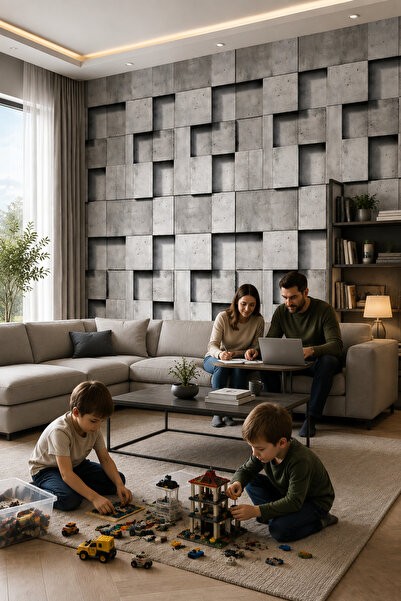 WALLORA 3D Beton Desenli Duvar Kağıdı Modern Gri Geometrik Kabartma Efektli S...